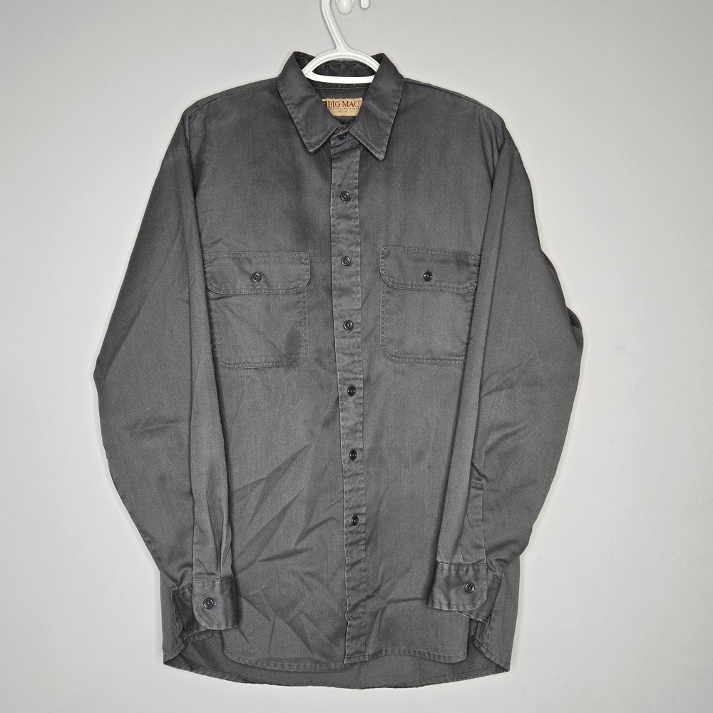 VTG Big Mac Work Wear Shirt Mechanics Mens Large Gray Button Front Long‎ Sleeve